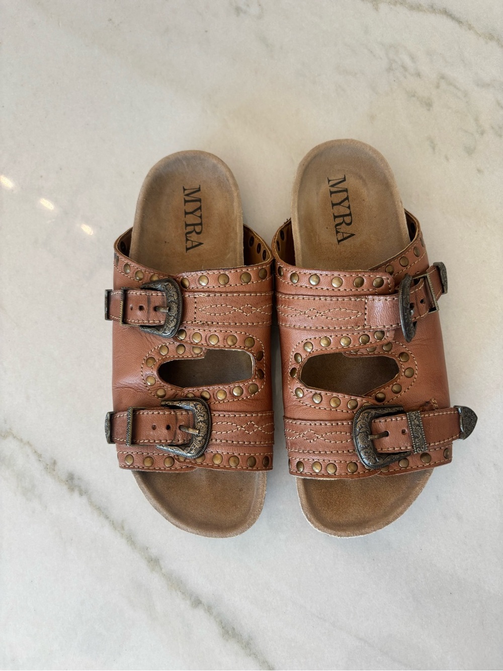 Myra Leather Western Chunky Buckle Cowgirl Slides Hand Stitched Brass Sz 9